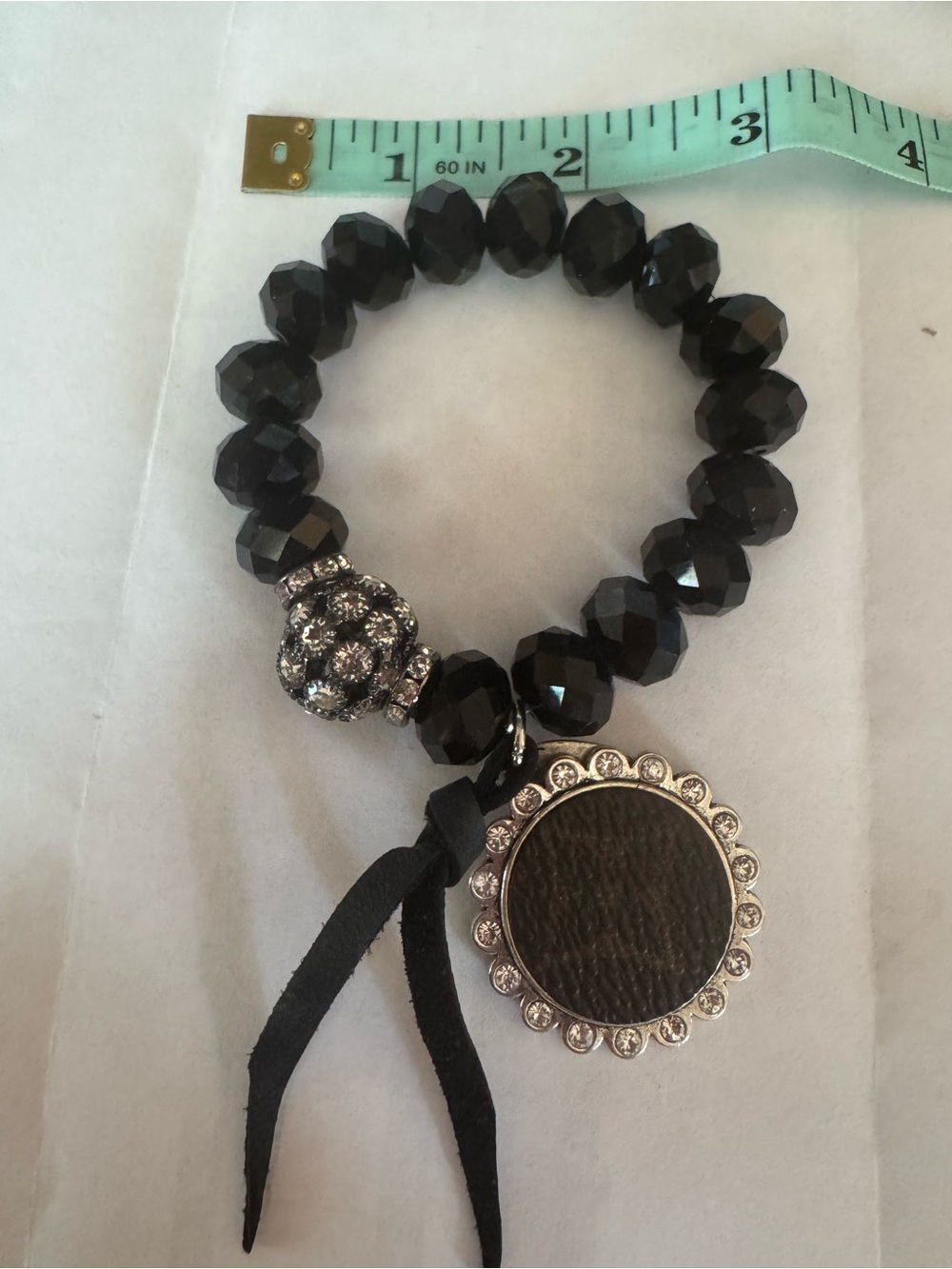 Black Faceted Bead Bracelet with Crystal-Edged Leather Medallion - Unbranded